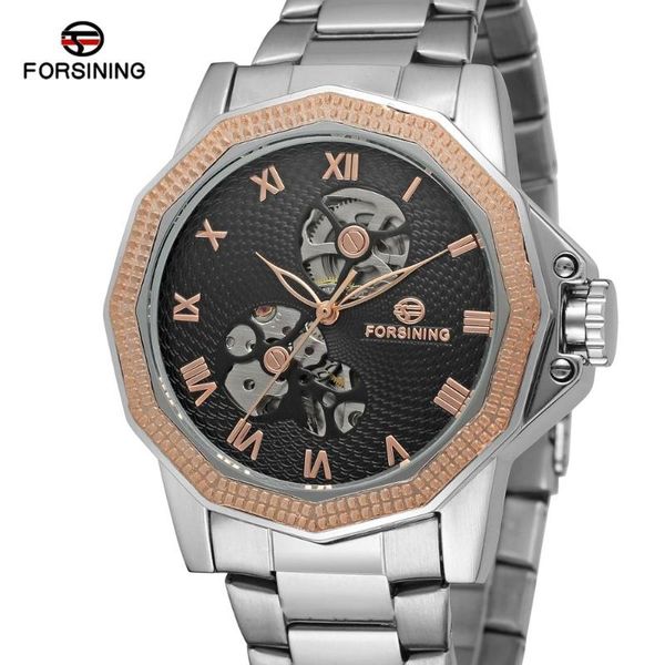 

forsining men automatic mechanical wrist watch stainless steel skeleton clock for man clocks relogio masculino wristwatches, Slivery;brown