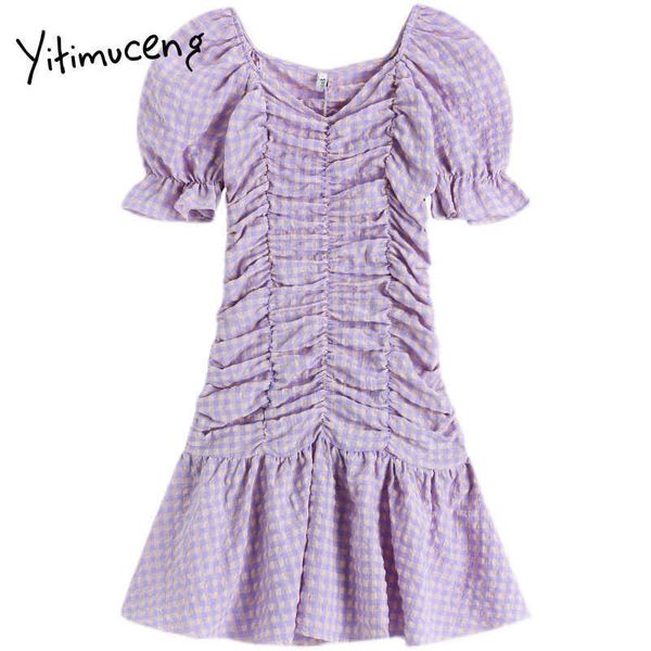 

yitimuceng plaid folds high waist dresses women zipper a-line puff sleeve square collar summer french fashion dress 210601, Black;gray