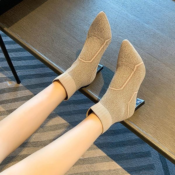 

boots comfortable trend women fashion 2021 high heels pumps pointed toe ankle winter sock shoes, Black