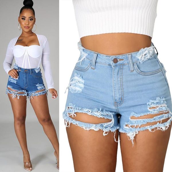 

women's jeans denim shorts style frayed hole stretch, Blue