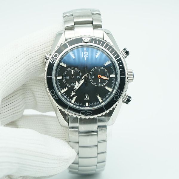 

black bezel meter limited dial watch 44mm quartz chronograph function diver 600m stainless steel back sports sea mens watches, Slivery;brown