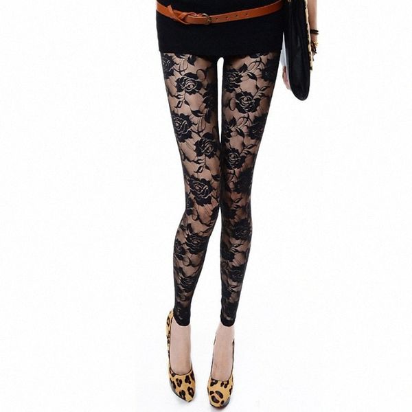 

women's stylish leggings lace ankle-length pants casual weekend micro-elastic floral comfort mid waist slim black white  s0t0#