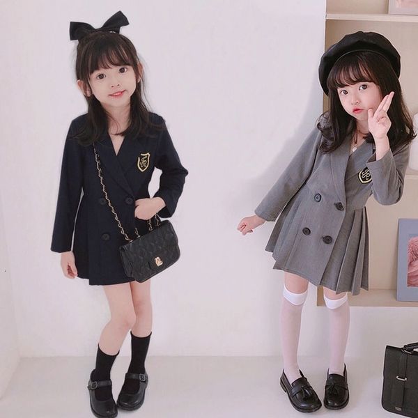 

girls' dresses girls suit spring gray double breasted long sleeve pleated college style es 2-8 year old baby girl clothes, Red;yellow
