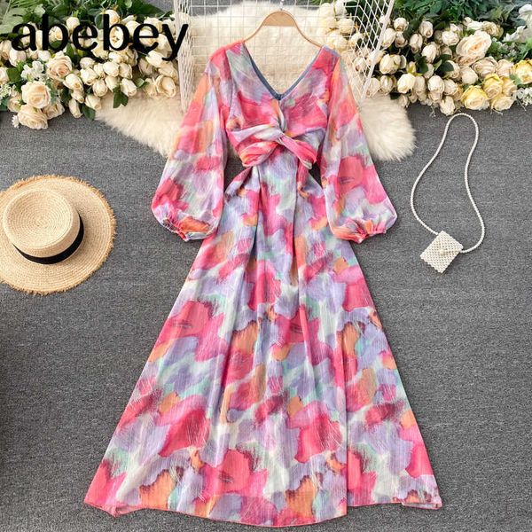 

women korean chiffon print dress v neck puff sleeve vacation a line dress autumn casual bow drawstring dress 210715, Black;gray
