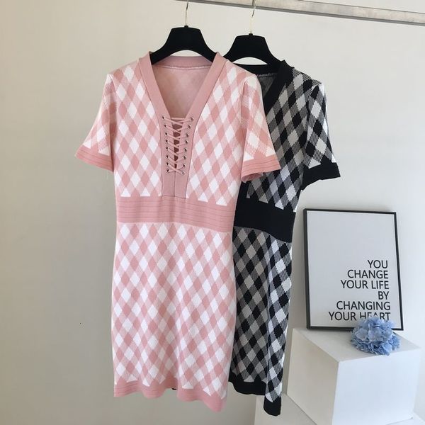 

casual dresses summer fashion mini women plaid short sleeve v-neck knit es office elegant party robe femme vestidos 0oap, Black;gray