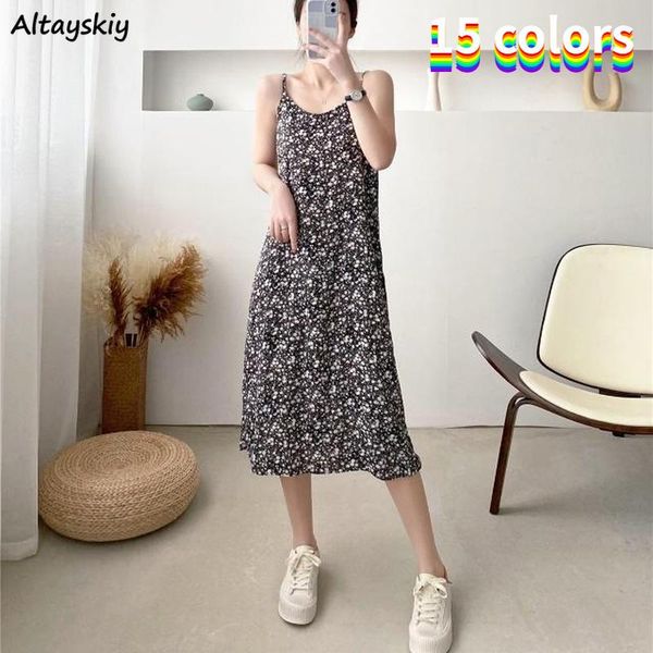 

casual dresses women mid-calf a-line spaghetti-strap print elegant french sweet korean version high waist loose stylish vestidos, Black;gray