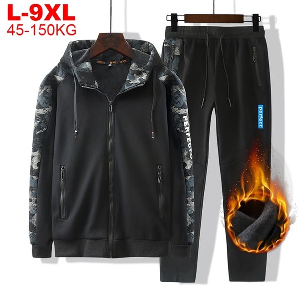 

sportswear men set warm thick hooded jacket+pants 2pc sets cashmere hoodies zipper mens tracksuits sports suit plus size 8xl 9xl 210924, Gray