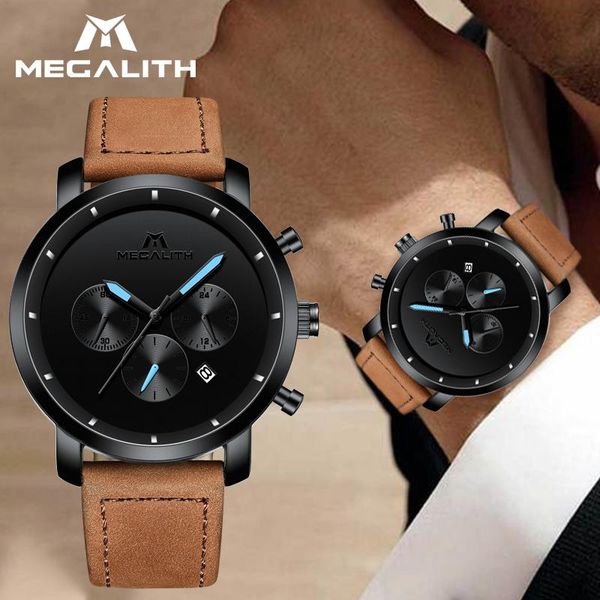 

wristwatches megalith men's fashion sport watches men quartz analog date clock man leather military waterproof watch relogio masculino, Slivery;brown