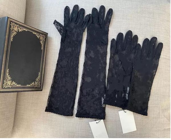 

black lace tulle gloves for women designer ladies beige letters print embroidered driving party wedding mittens girls ins fashion thin party, Blue;gray