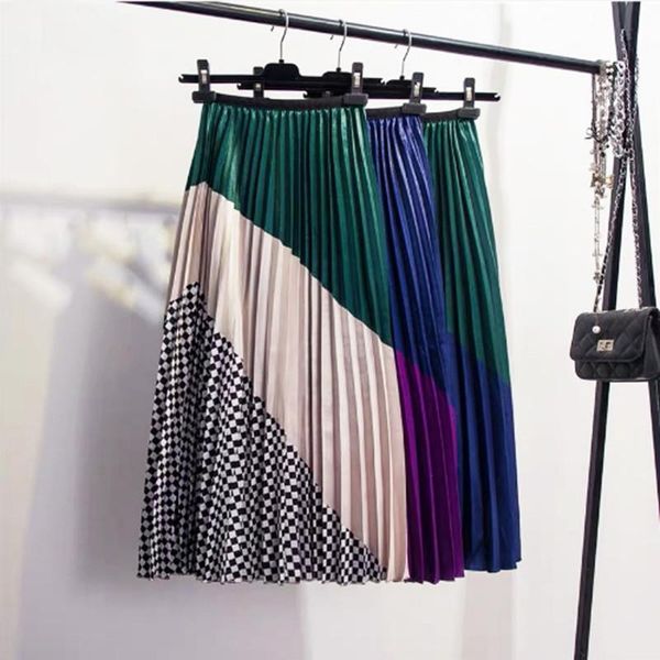 

skirts autumn and winter contrast color mosaic plaid satin high waist organ pleated skirt big card matching large, Black