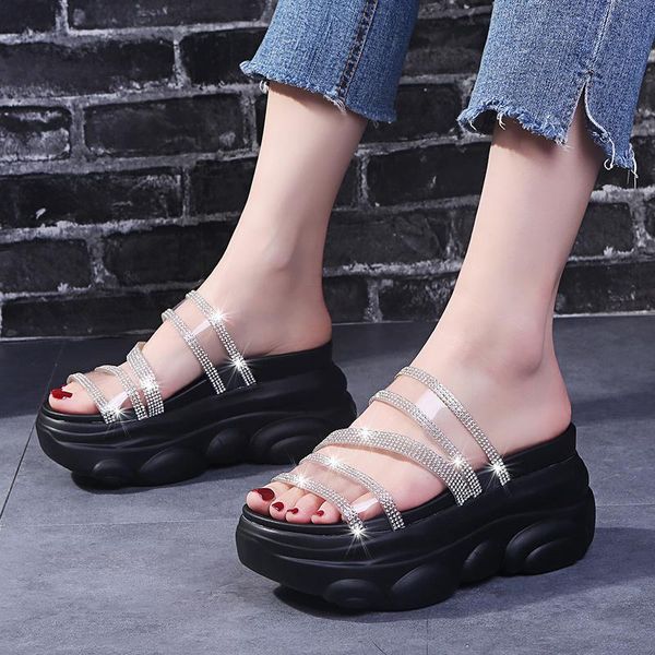 

dress shoes summer yellow woman 2021 slipper crystal straps wedges heels slides women chunky platform pvc rhinestones sandals, Black
