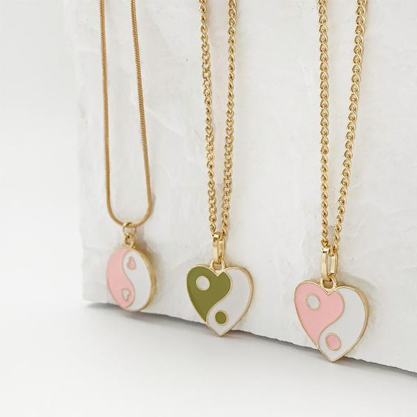 

chains ins fashion vintage drop oil round shape necklaces pendant simple colorful yin yang heart necklace for women girls jewel, Silver
