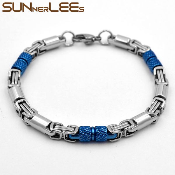

sunnerlees 316l stainless steel bracelet 6mm geometric byzantine link chain blue silver color men women jewelry gift sc42 b, Black
