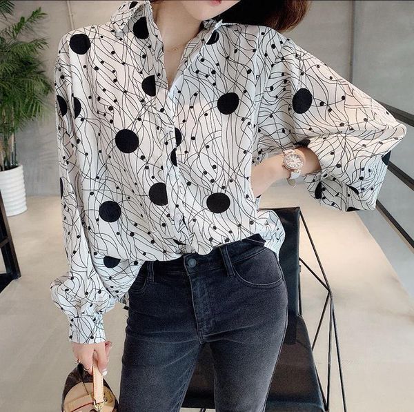 

women shirt spring autumn dot printing loose long sleeve undershirt blouse female women's blouses & shirts, White