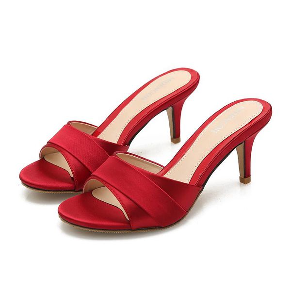 

slippers summer2021 high-heeled slim banquet silk and satin belt decoration 41 42 43 size sandals, Black
