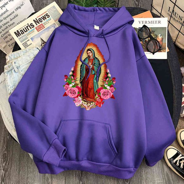 

guadeloupe virgin mary men's hooded sweatshirt, wool pocket casual wear, fashion animation punk sweatshirt, Black