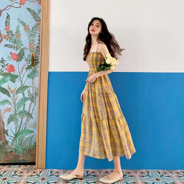 

casual dresses dress women clothes plaid suspender chiffon women's summer long small fresh waist show thin temperament forest stu 2f46, Black;gray