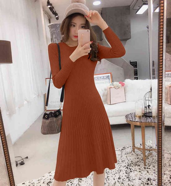 

thin basic female elastic midi dressesins style woman knitting dress 2021 autumn winter, Black;gray
