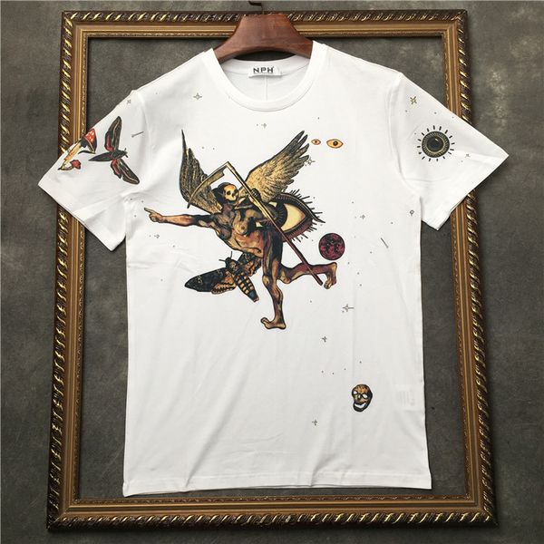 

white spoof skull angel printed t-shirt for men and women pure cotton crew neck short-sleeved anti-shrink, White;black