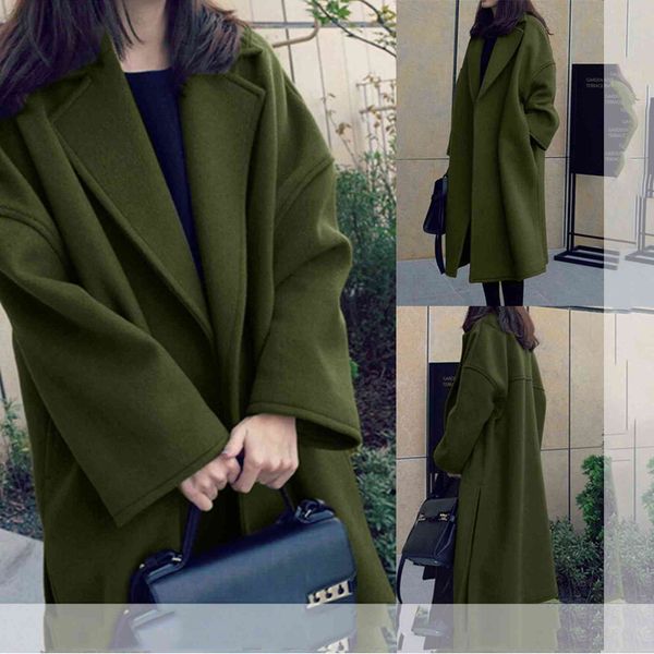 

women's wool & blends jackets winter womens military lapel coat trench jacket long sleeve outwear solid green overcoat fema, Black