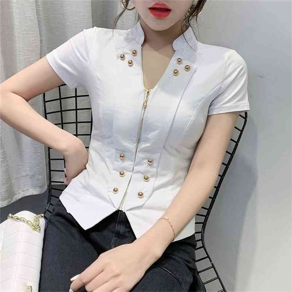 

summer korean clothes t-shirt vintage zipper women ropa mujer shirt short sleeve button tees new black white t04906 210324
