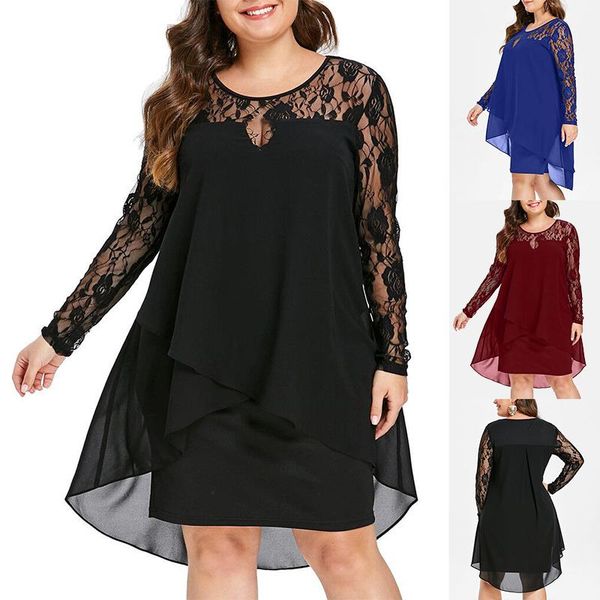 

summer dress women party dresses fashion ladies casual plus size sheer lace sleeve high low hem o-neck swing, Black;gray