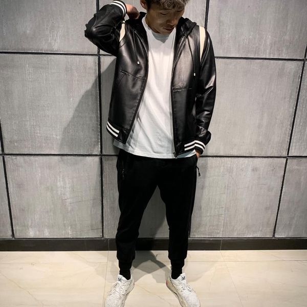 

men's leather & faux hooded male real man genuine lambskin jacket, Black