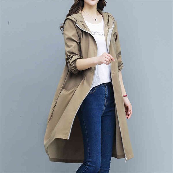 

women's trench coats spring autumn thin hooded coat korean plus size loose solid long windbreaker overcoat female casaco feminino, Tan;black