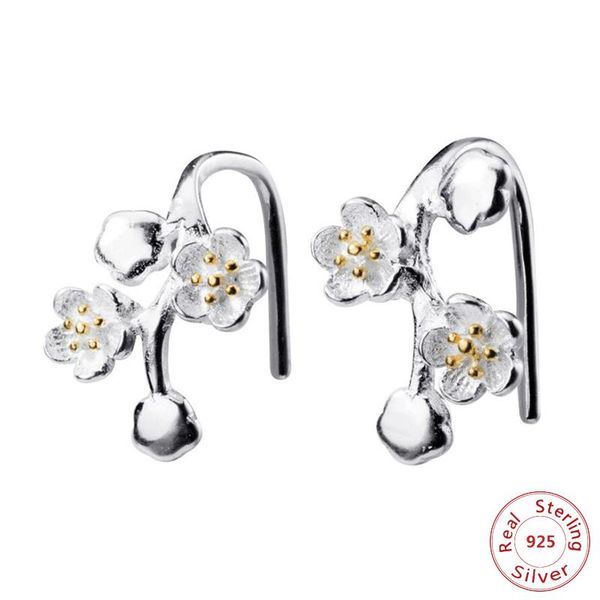 

stud 2021 real 925 sterling silver flower earrings for women ear jewelry 1 pair female birthday gift, Golden;silver