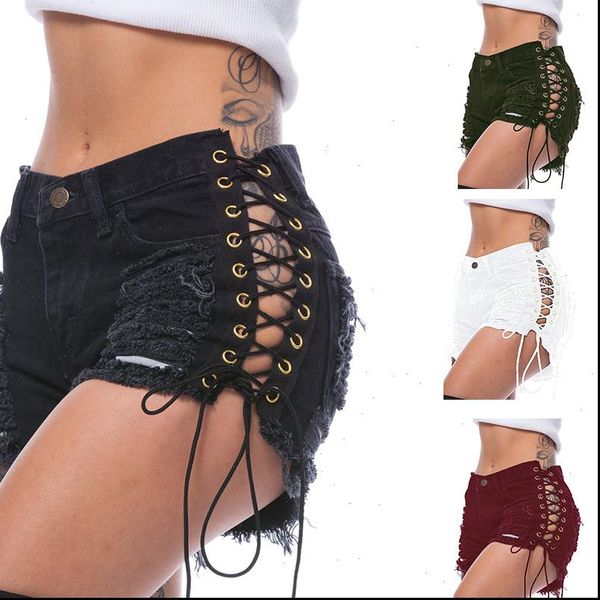

summer womens shorts high waist side bandage biker female women hole short denim pole dance booty for jeans, White;black