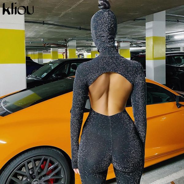 

2021kliou shiny outstanding bodycon hooded jumpsuit women long sleeve backless fashion streetwear skinny slim female overall, Black;white