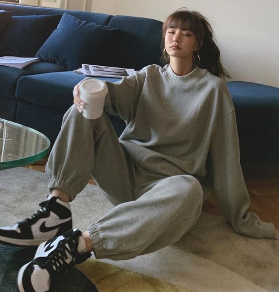 

women's tracksuits spring autumn tracksuit 2021 casual jogging solid color sportswear female white sports suit set sweater and pants, Gray