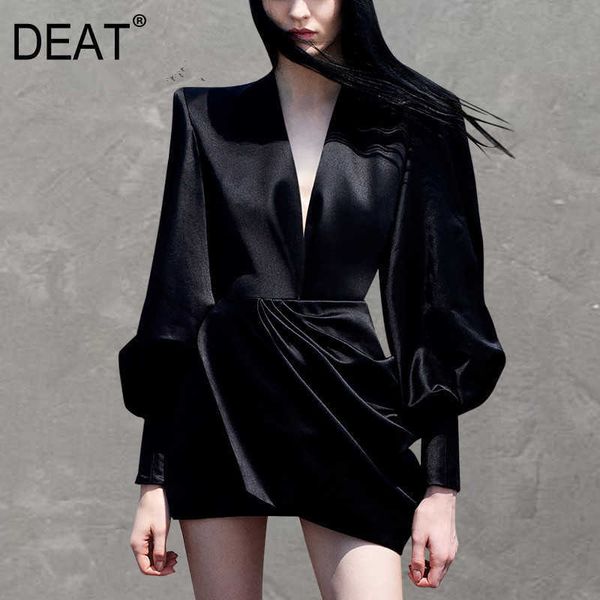 

[deat] summer fashion v-neck high waist long sleeve solid color irregular loose temperament dress women 13q056 210527, Black;gray