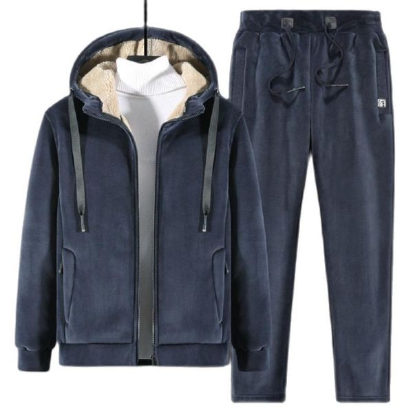 

men's tracksuits winter large plushthickened sweater set solid warm lamb cashmere hooded cardigan casual sports two piece l-8xl, Gray