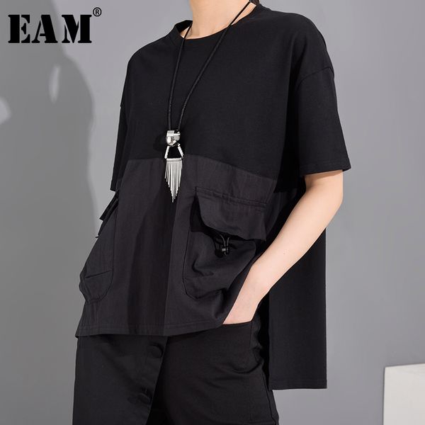 

[eam] women black pocket irregular split big size t-shirt new round neck short sleeve fashion tide spring summer 2021 210317, White
