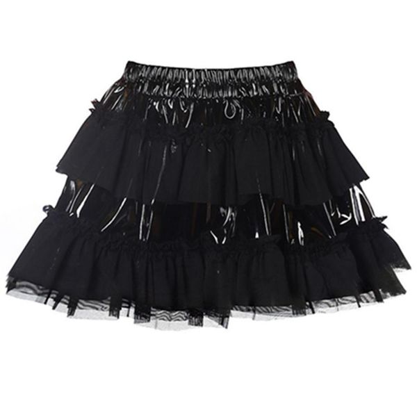 

punk gothic ruffle womens skirts black pvc faux leather mesh patchwork skirt pole dance tutu pettiskirt
