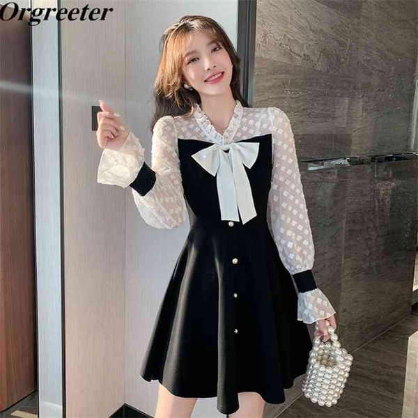 

korean patchwork short dress women spring temperament ruffles v-neck bowknot print chiffon splicing black 210602, White