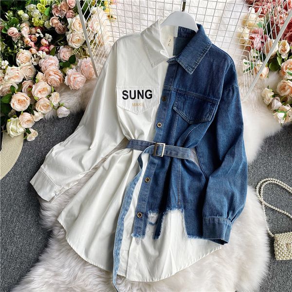 

womens blouse 2021 autumn long sleeve shirt jeans patchwork plaid blouses elegantes blusas para mujer slim shirt dress, White