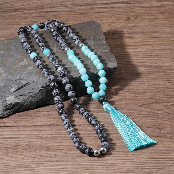 

pendant necklaces oaiite 108 japa mala beads for women men natural alabaster stone yoga tassel long necklace spirtual energy jewelry, Silver
