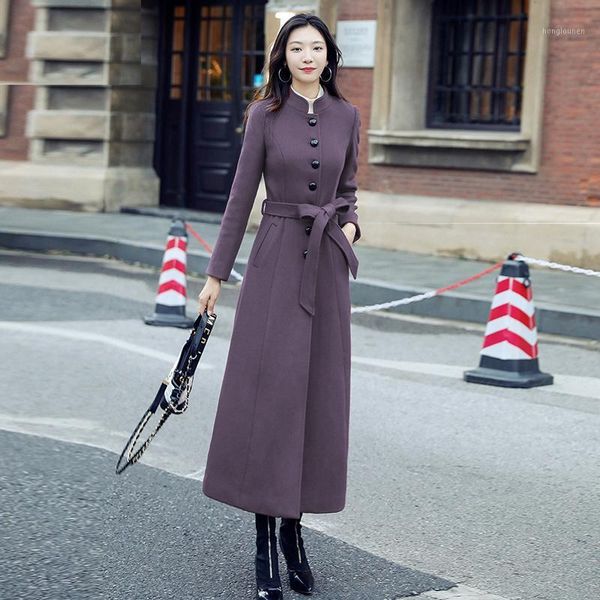 

women's wool & blends women winter woolen coat long slim female thick retro stand collar plus size s-3xl, Black