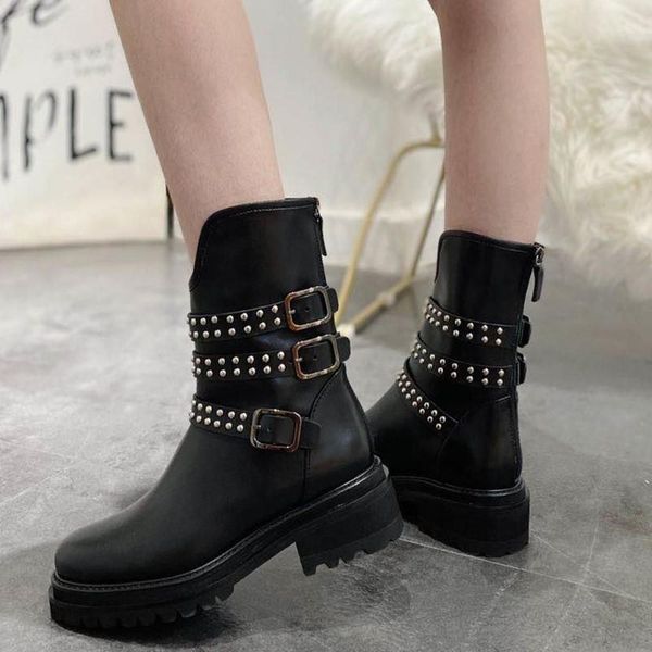 

boots motorcycle for women triple buckle ankle rivets decor back zipper black leather shoes street style