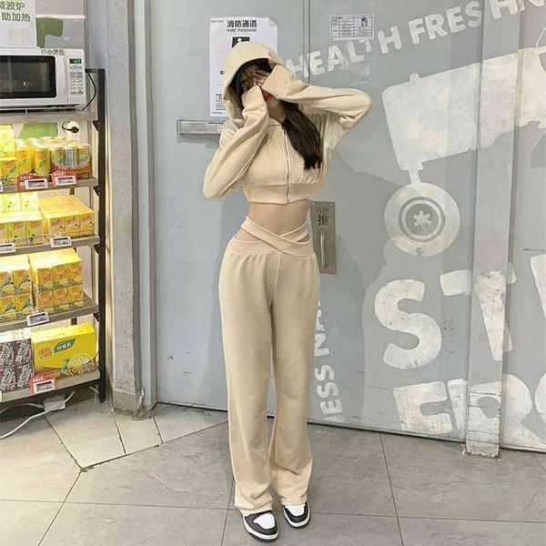 

women's two piece pants autumn women tracksuit long sleeve sweatshirt irregular wide leg set casual outfits gobu, White