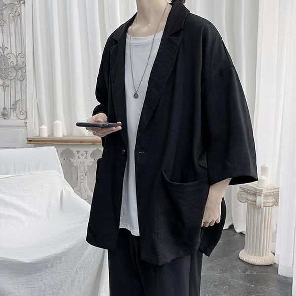 

men's trench coats couple korean thin style summer retro loose 7 / 4 sleeve suit suit, solid coat trend, Tan;black