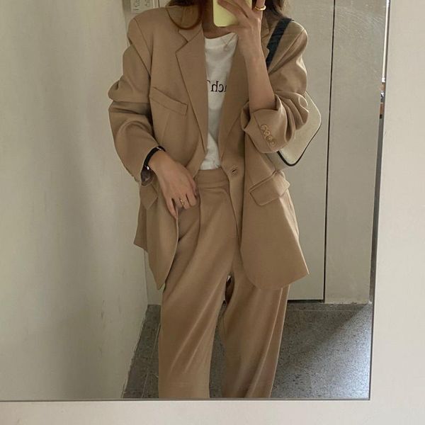 

women's two piece pants 2021 fashion vintage blazer suit ol elegant business wear blazers + high waist wide leg suits 2 set, White