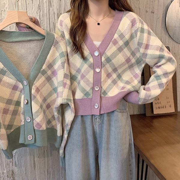 

women's knits & tees spring and autumn style office lady v-neck long sleeve single breasted plaid print patchwork knitted cardigan swea, White