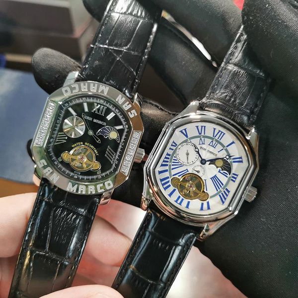 

wristwatches square men's mechanical watch waterproof stainless steel moon phase multi-function men watches leather business male, Slivery;brown