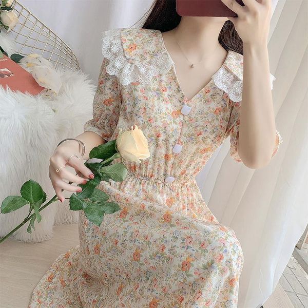 

party dresses fashionable summer floral dress women's waist shows thin temperament gentle wind long falling for women, White;black