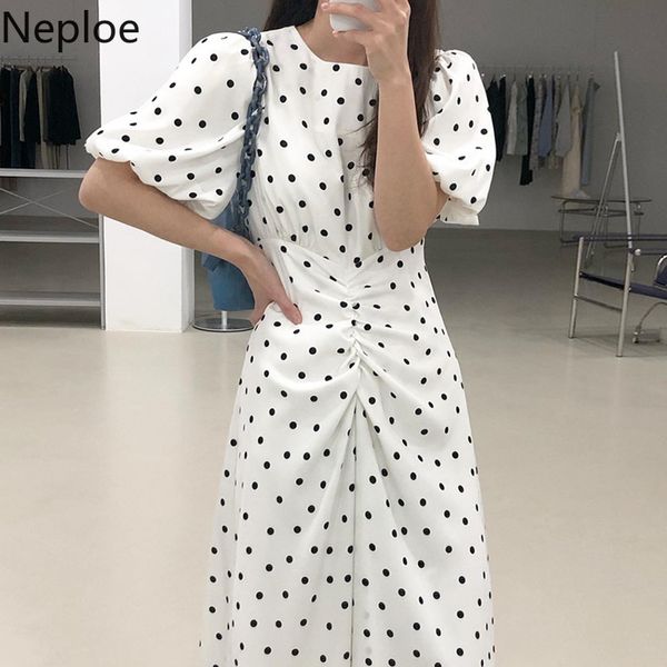 

neploe fashion robe irregular elegant dress women high waist slim vintage vestidos mujer o-neck lantern sleeve polka dot dresses 210422, Black;gray