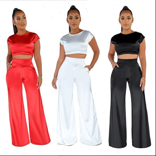 

satin women tracksuits 2 piece set short sleeve crop and wide leg long pants tracksuit club outfits elegant, Gray