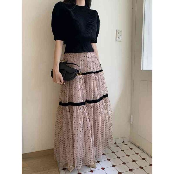 

skirts korean polka dot patchwork maxi pleated tulle skirt women 2021 spring summer high waist long skirts womens ele, Black